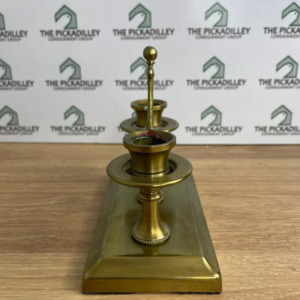 Vintage Solid Brass Double Taper Candle Holder Ornate Handle Rectangular Base